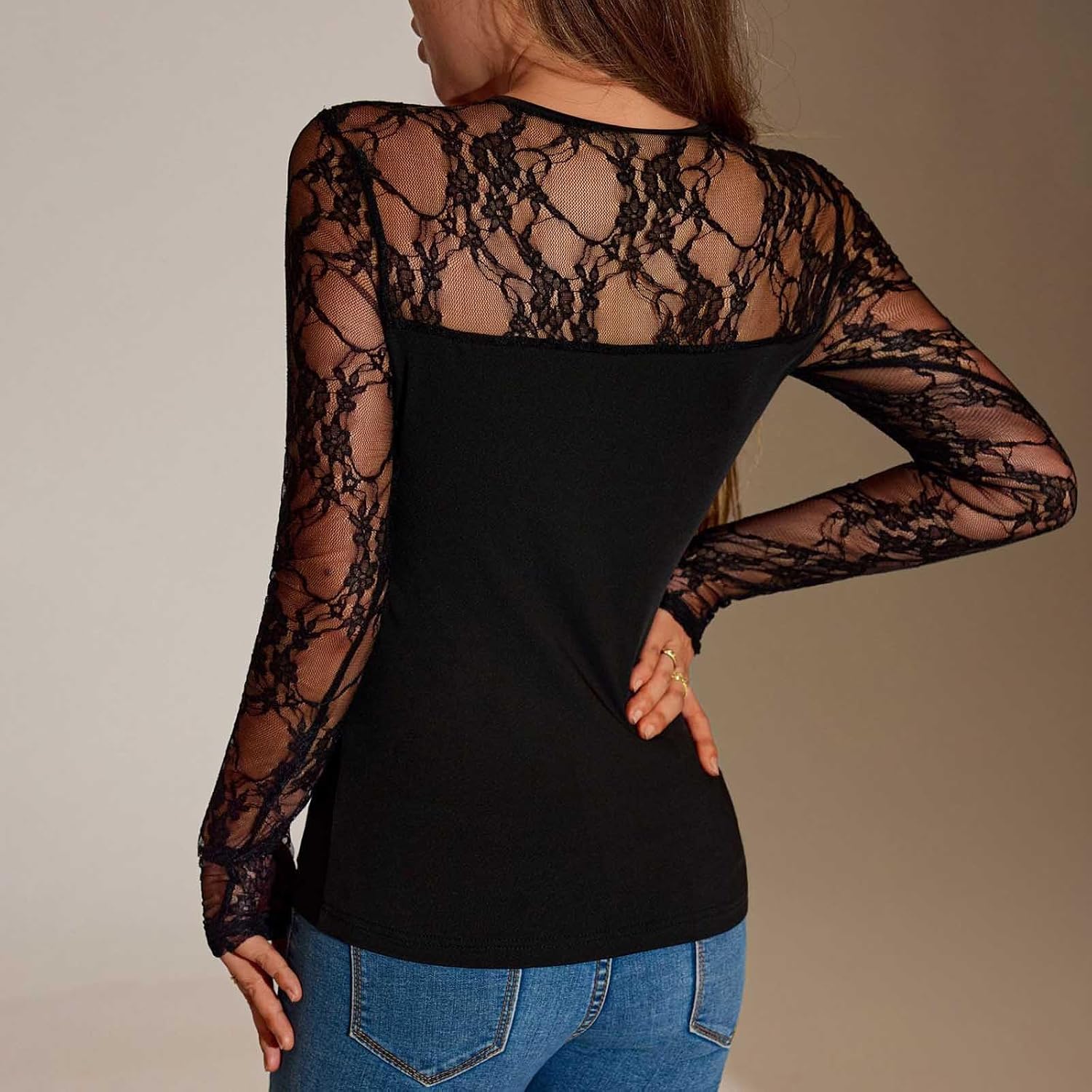 Womens Lace Mesh Long Sleeve Crew Neck Sheer Fitted Tops | Delicate Floral Lace Fabric, Form Fitting Silhouette with Sweetheart Lining, Ideal for Night Out Wear Date Casual Outfit