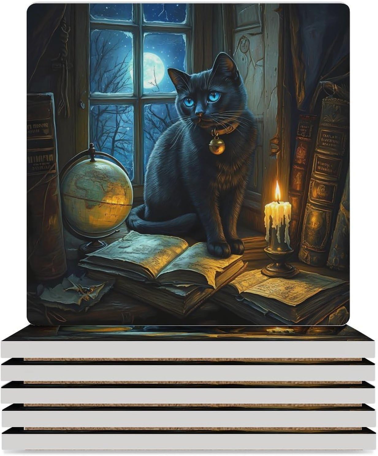 Black Cat Coasters for Drinks Square Table Coasters Set Cup Mats with Cork Base