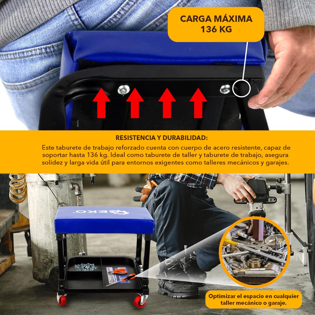 Taburete de Trabajo | Cuerpo de Acero Resistente, Asiento Acolchado, Carga Máxima 136Kg | Taburete con 4 Ruedas Giratorias 360° | Taburete de Taller Con Estante Dividido Para Herramientas
