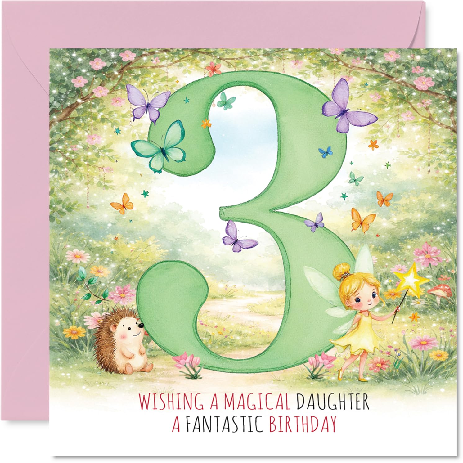 Cute 3rd Birthday Card for Daughter - Sprinkle of Magic - Whimsical Fairy and Hedgehog with Butterflies Design - 145mm Square, Envelope Included