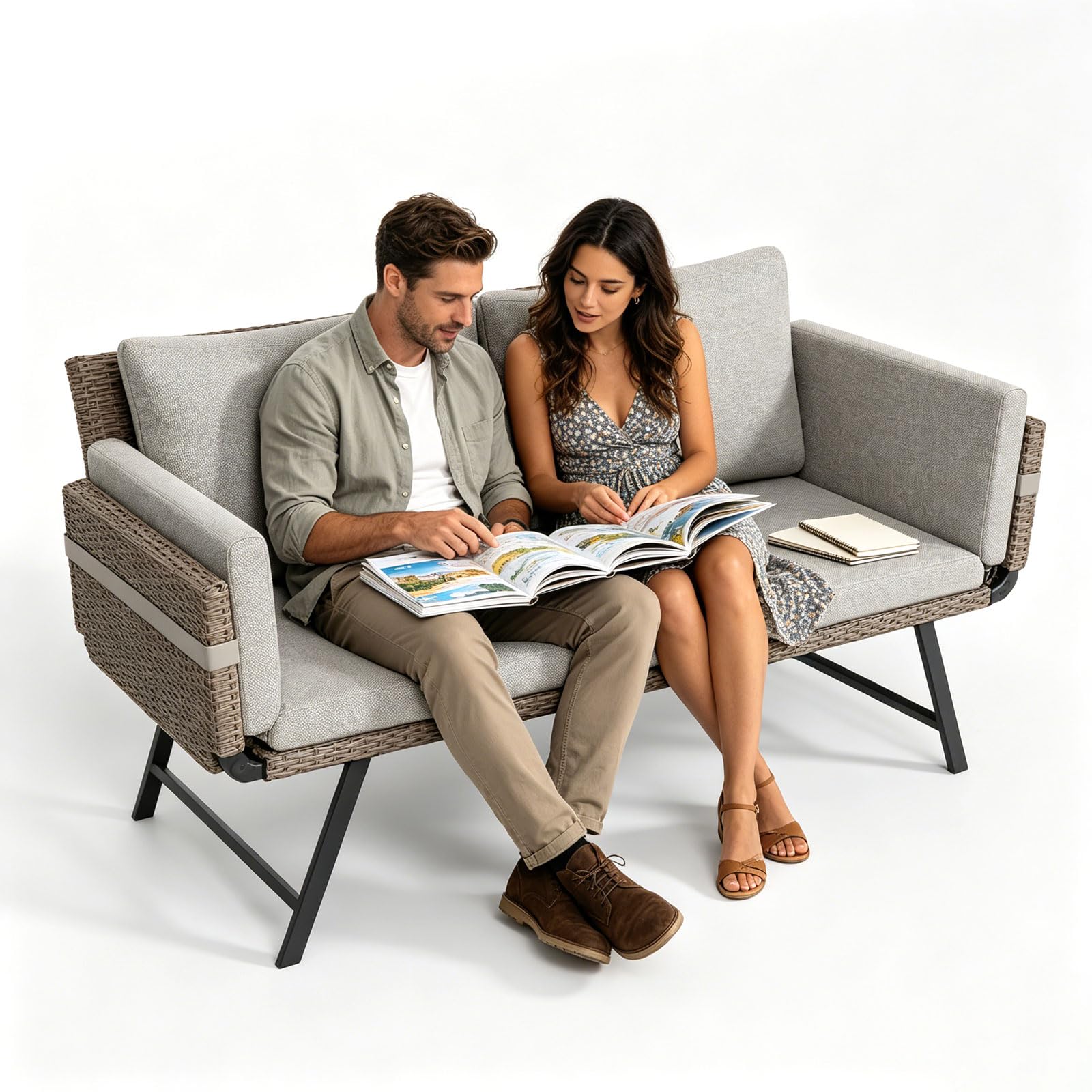 Balkonbank mit Liegefunktion,Liege Bank rattan 4-in-1 Gartenbank mit klappbaren Armlehnen,176cm Balkonsofa mit Kissen,abnehmbaren Sitzpolstern, Outdoor Lounge Sofa für Garten,Terrasse Balkon (Hell)