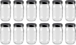 North Mountain Supply 16 Ounce Glass Regular Mouth Mason Canning Jars - With Black Safety Button Lids - Case of 12