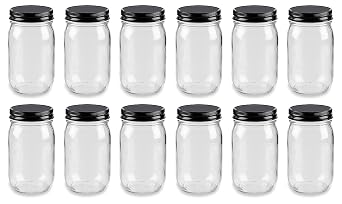 North Mountain Supply 16 Ounce Glass Regular Mouth Mason Canning Jars - With Black Safety Button Lids - Case of 12