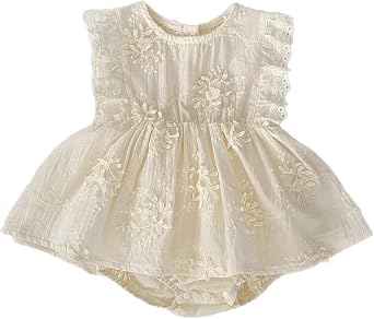HOOLCHEAN Baby Girl Summer Lightweight Cotton Romper Dress One-Piece with Embroidery Lace Ruffles Flutter Sleeves