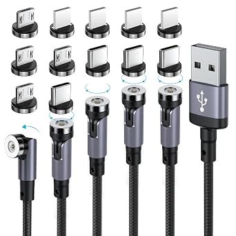 540 Rotation Magnetic Charging Cable,Magnetic Phone Charger with LED [5Pack, 1.6ft/3.3ft/6.6ft/10ft/10ft] 3 in 1 Magnet Charger for Micro USB/Type C etc Nylon Braided USB Cable Black