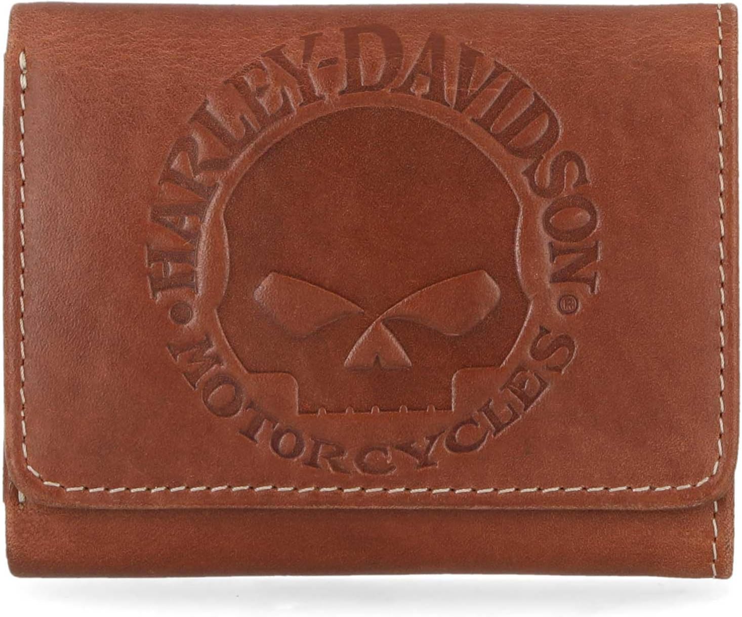 Harley-Davidson Men's Embossed Willie G Skull Tri-Fold Leather Wallet - Brown