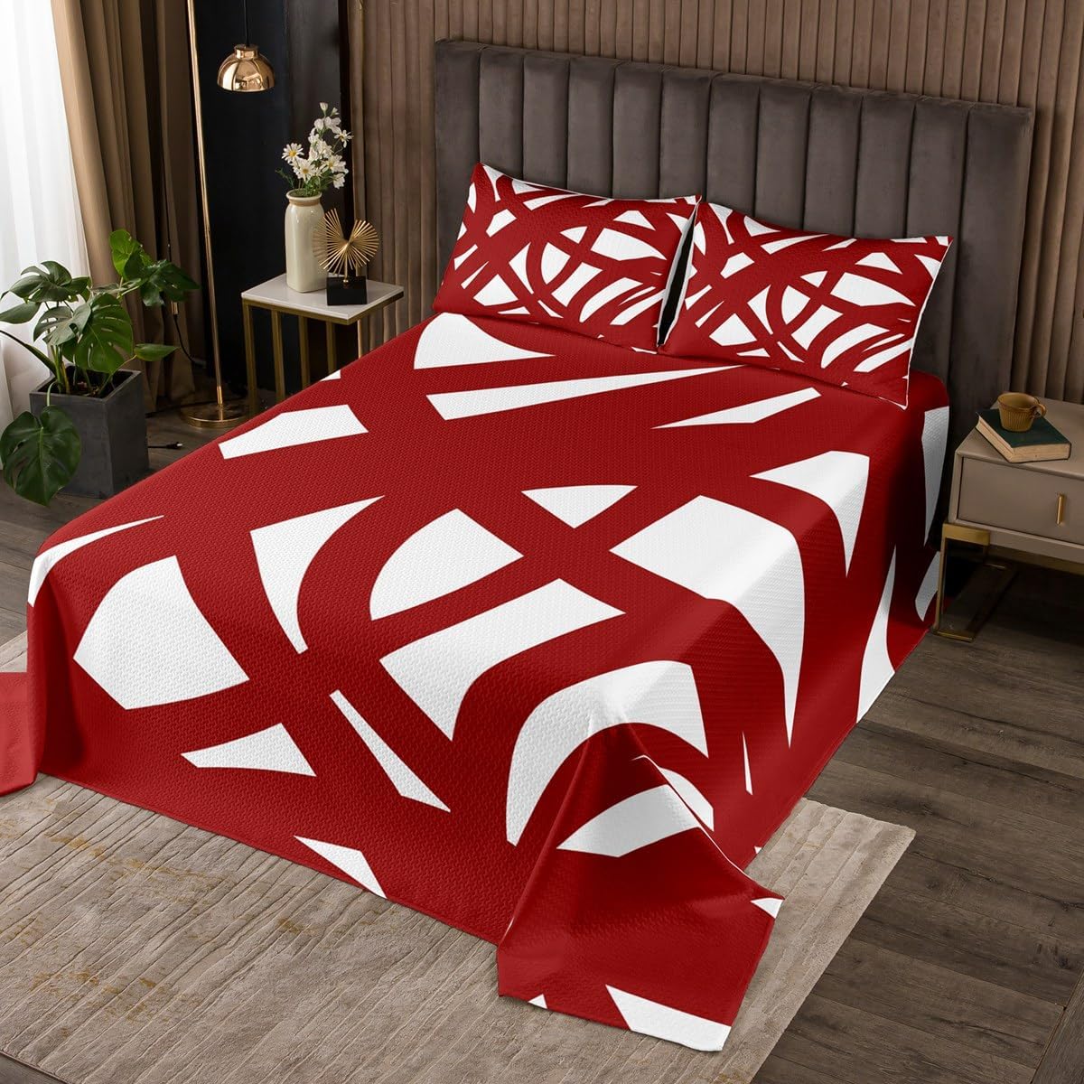 King Size Abstract Quilted Coverlet Boys Girls Deep Red White Bedspread for Kids Women Men Ultra Soft Geometric Coverlet Set Stripes Modern Room Decor Breathable Soft Lightweight Microfiber