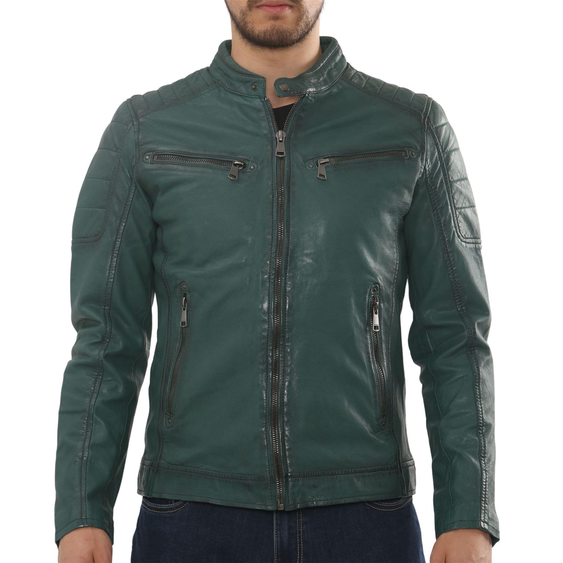 Infinity Leather Men's Green Leather Company Lambskin Leather Motorcycle Jacket Slim Fit Biker Coat - 3XL