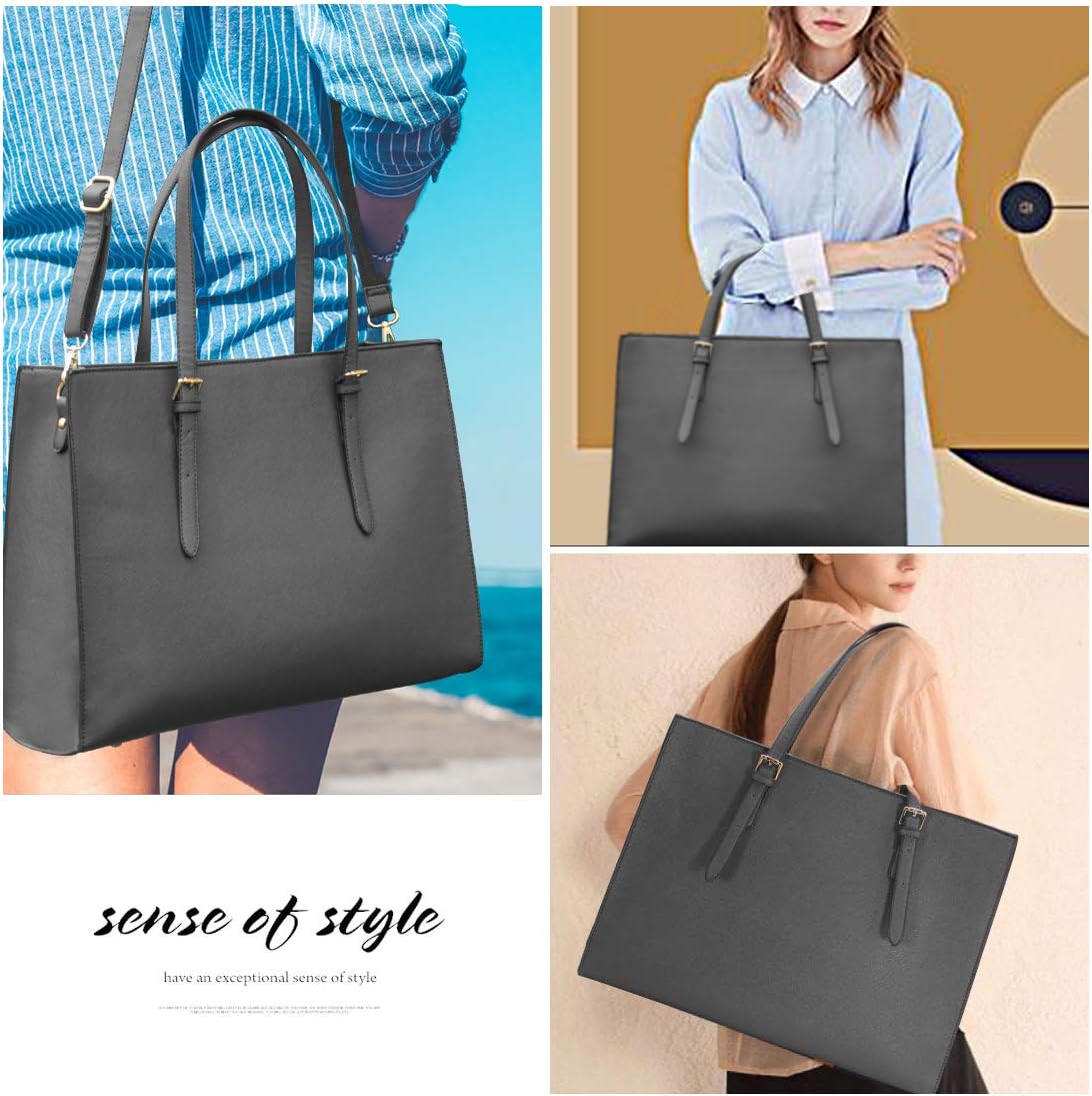 Laptop Bag for Women Waterproof Lightweight Leather 15.6 Inch Computer Tote Bag Business Office Briefcase Large Capacity Handbag Shoulder Bag Professional Office Work Bag 15.6 Inch Grey - Image 2