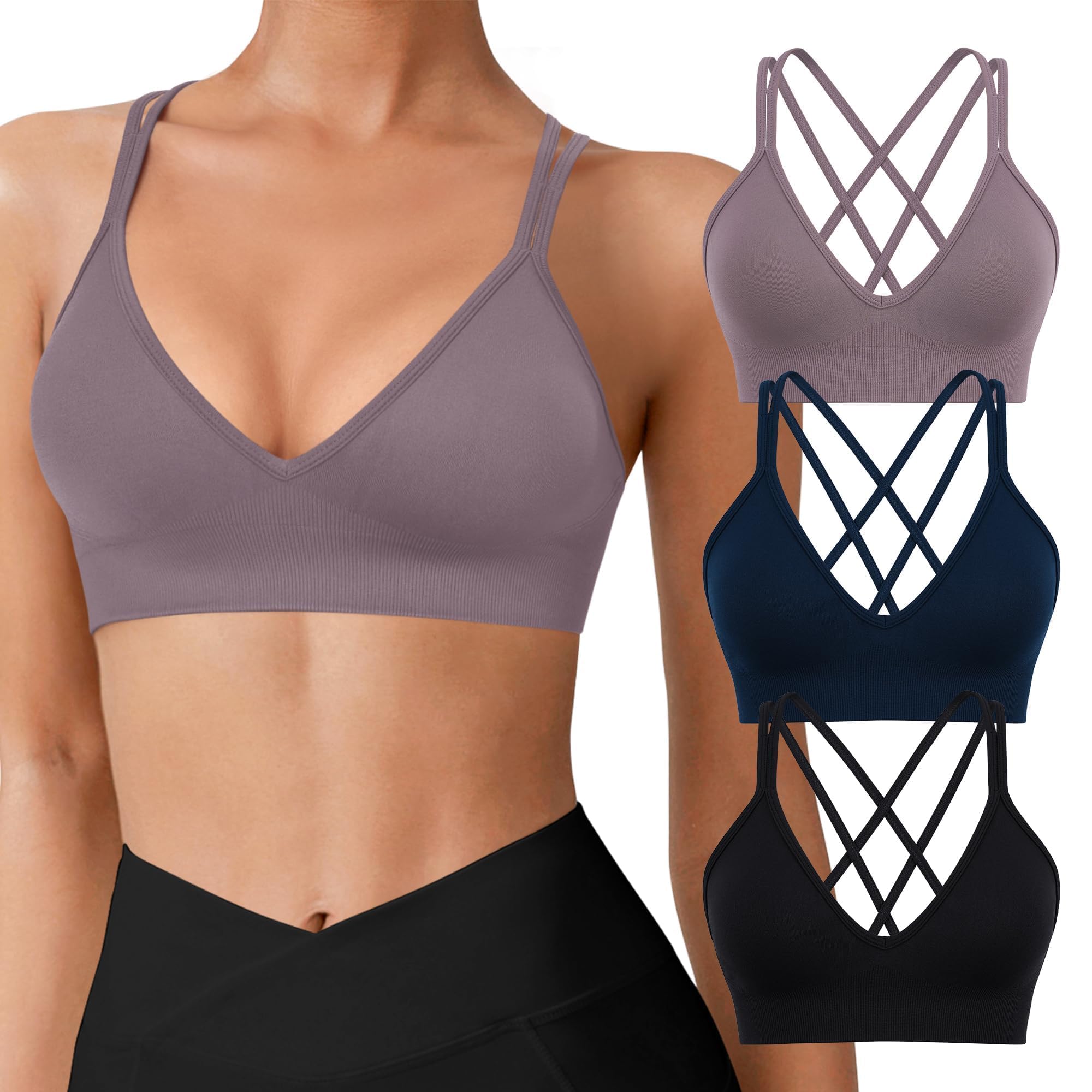 VEQING Seamless V-Neck Women Sports Bras, Padded Cross Back Wireless Low Impact Workout Yoga Bras for Small Chests, 3 Pack