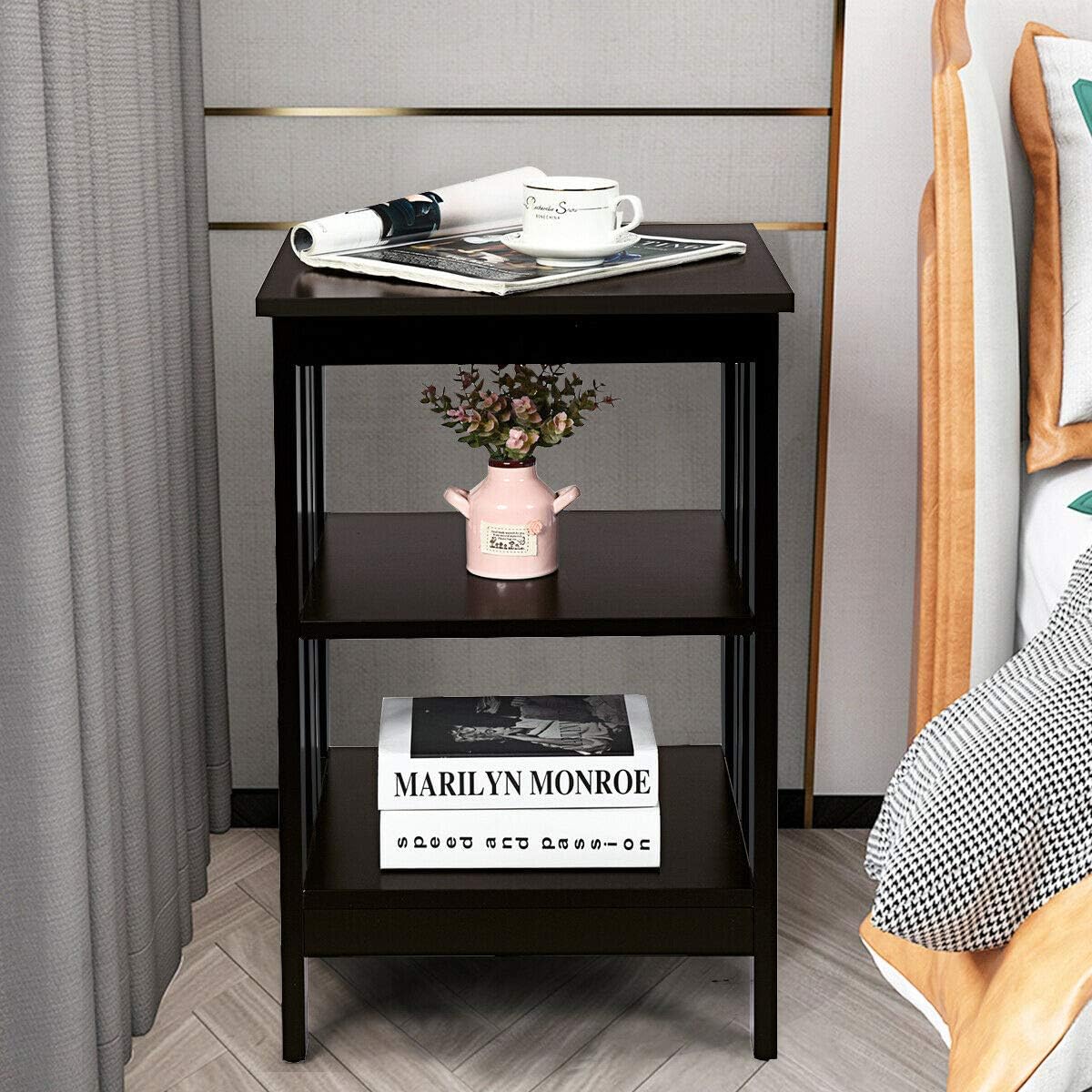 DORTALA Nightstand 3-Tier Sofa Side Table W/Reinforced Bars and Stable Structure Multifunctional Storage Stand for Bedroom, Living Room, Hallway End Table (1) (Espresso)