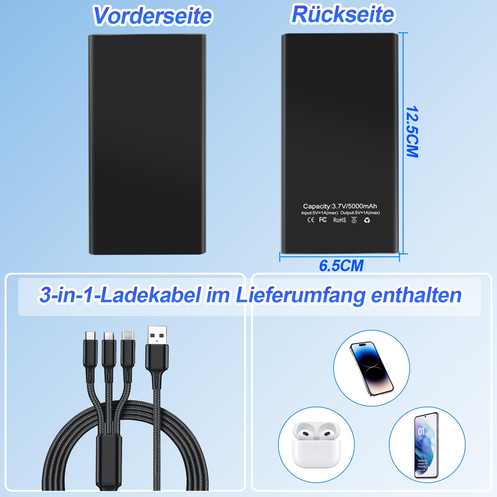Mini HD Kamera, Dual-Funktion 1080P HD Powerbank Kamera, 17h Aufnahme mit 5000 mAh Akku & 3-in-1-Kabel