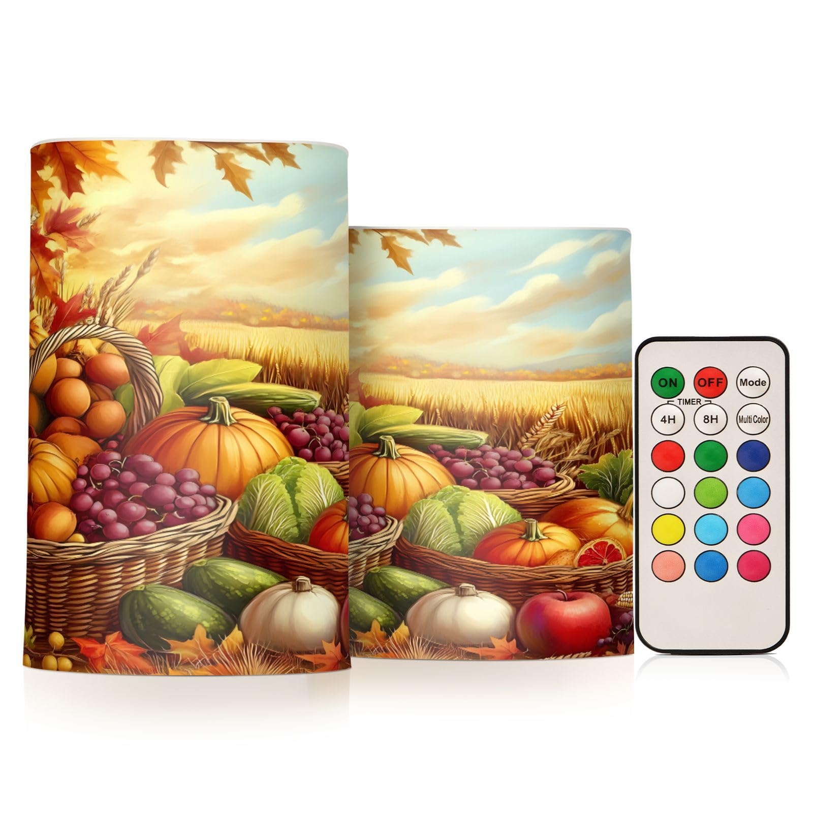 ALAZA Thanksgiving Autumn Fall Harvest Flickering Flameless Candles Battery Operated with Remote Timer,Tea Light Candles LED Pillar Votive Candles Set of 2 for Outdoor Indoor Decorations