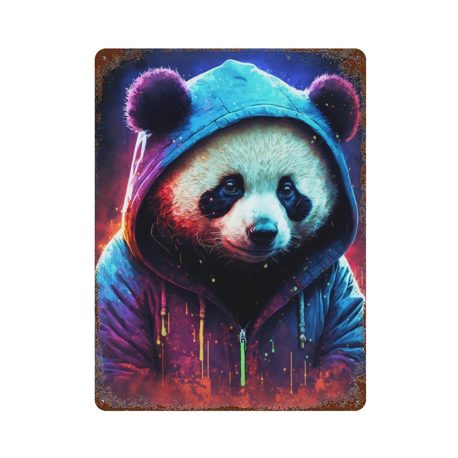 Neon Panda Hoodie Art Print 15.7"x11.8" Vintage Rust Metal Sign, Novelty Wall Decor for Living Room, Hallway And Home Decor