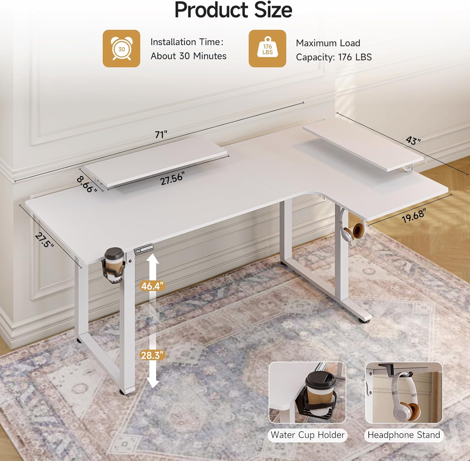 L Shaped Electric Standing Desk, 71x43'' Computer Desks with 2 Monitor Shelves, Dual Motor and Memory Controller, Gaming Corner Desk Adjustable Height from 28-46'' for Home Office Workstation, White - Image 2