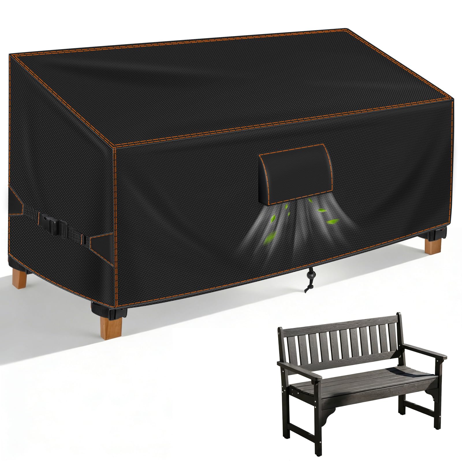 Gartenbank Abdeckung 2 Sitzer 133Wx70Dx63/86H cm, Schutzhülle Gartenbank, Dreifacher Windschutz Abdeckplane Gartenmöbel, 420D Oxford UV-beständig Wasserdicht Abdeckung Gartenmöbel Winterfest, Schwarz