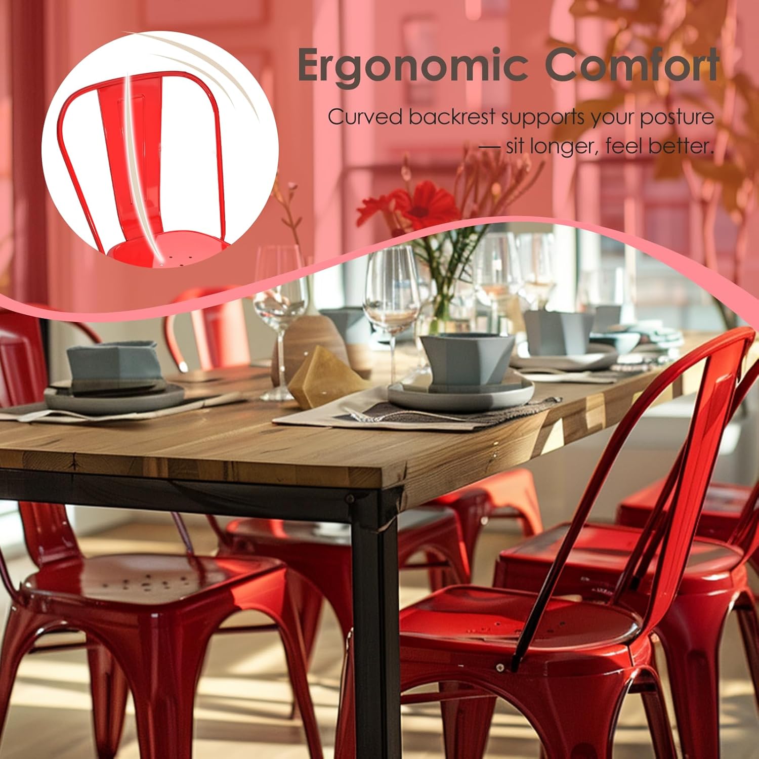 Metal Dining Chairs Set of 6, Stackable Tolix-Style Chairs with Back,Designed for Everyday Indoor Dining,Kitchen & Dining Room (Red)