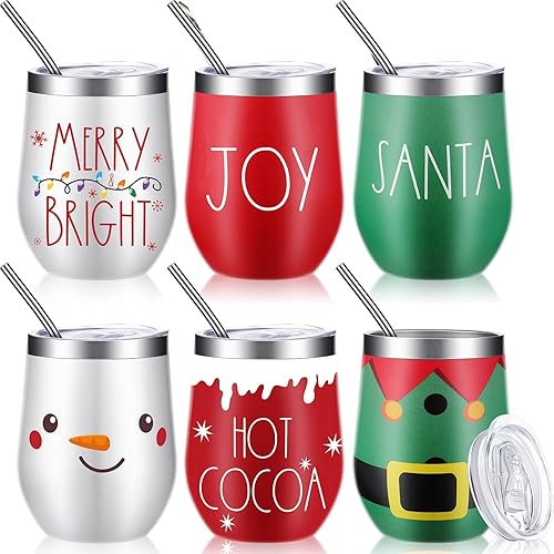 Ziliny 6 vasos de vino de acero inoxidable de Navidad de 12 onzas, vaso de vino aislado divertido con tapa, popote y cepillo, tazas de vino aisladas