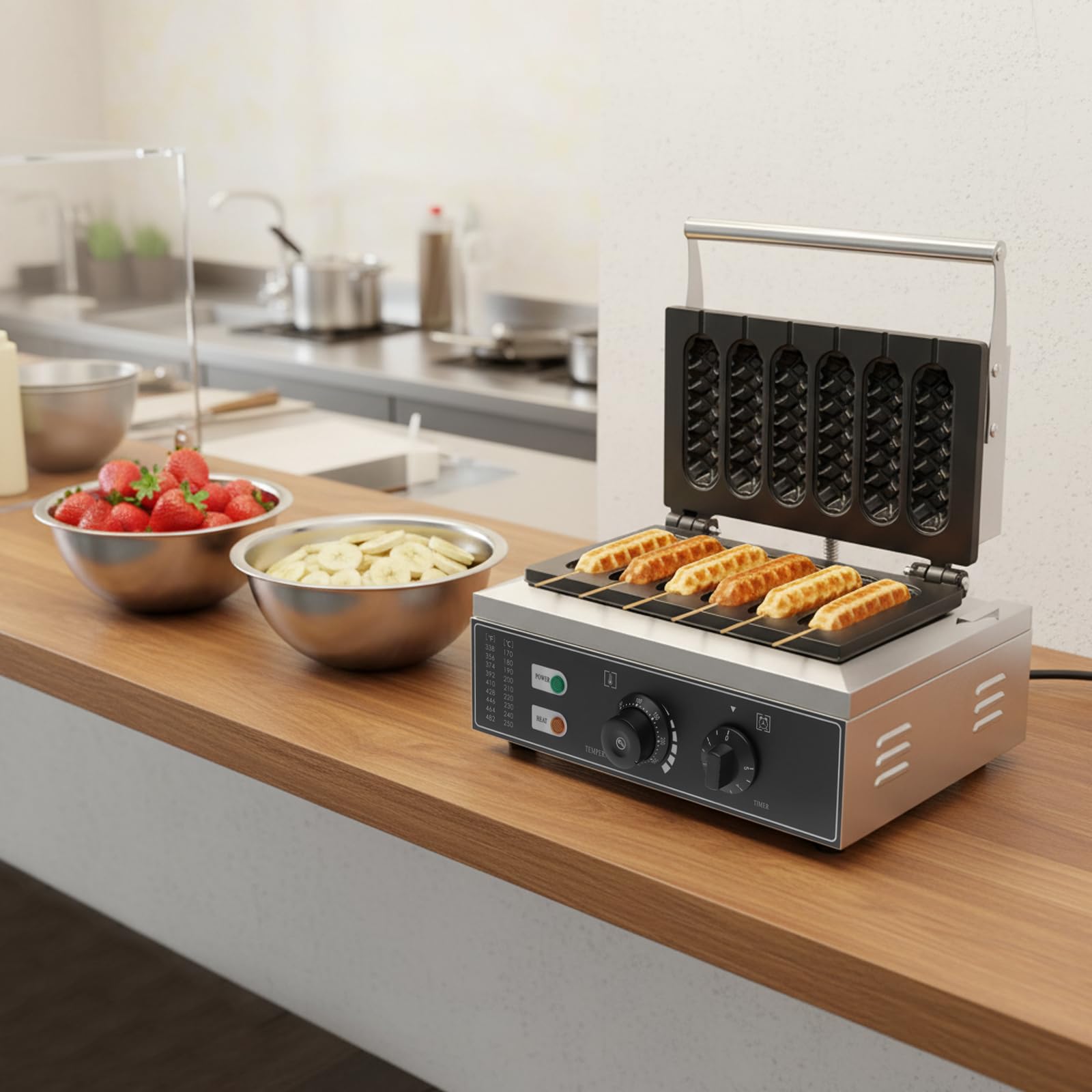 Gofrera comercial para perros calientes de maíz, 1500 W, 6 formas, revestimiento antiadherente, máquina de perro caliente de acero inoxidable, placa calefactora doble superior e inferior para