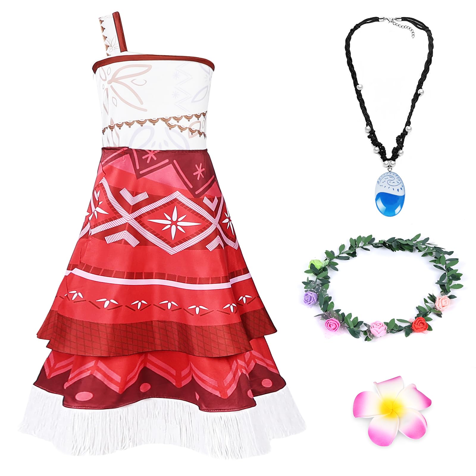 AUYAO Kinder Prinzessin Mädchen Kostüm 4 Pcs Vaiana Sommer Kleid Verkleidung mit Zubehör Blumenkrone Halskette Blumenclip Girls Princess Kostüm Verkleidung Karneval Halloween Geburtstag(100~150)