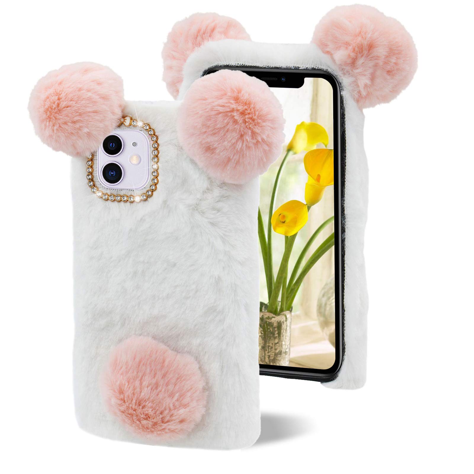LCHDA Panda Case for Moto G Stylus 5G 2024, Cute 3D Furry Hairball Ears Fuzzy Soft Faux Fur Winter Warm Fluffy Plush Flexible TPU Bumper Shockproof Protective Cover with Bling Diamond - Pink & White