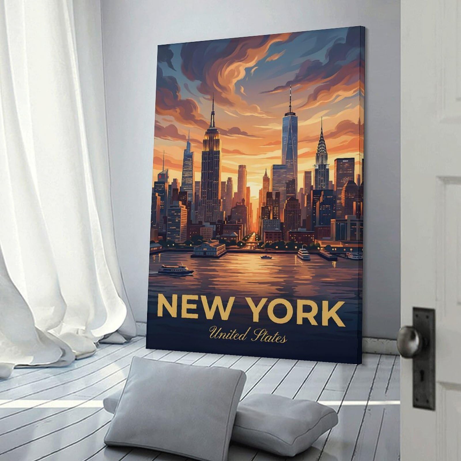 Junmoney Wall Decor Canvas Print New York City Skyline at Sunset(2), 24x36inch(60x90cm), for Study, Office Or Focused Interiors, Wall Art That Adds Style to Work Areas