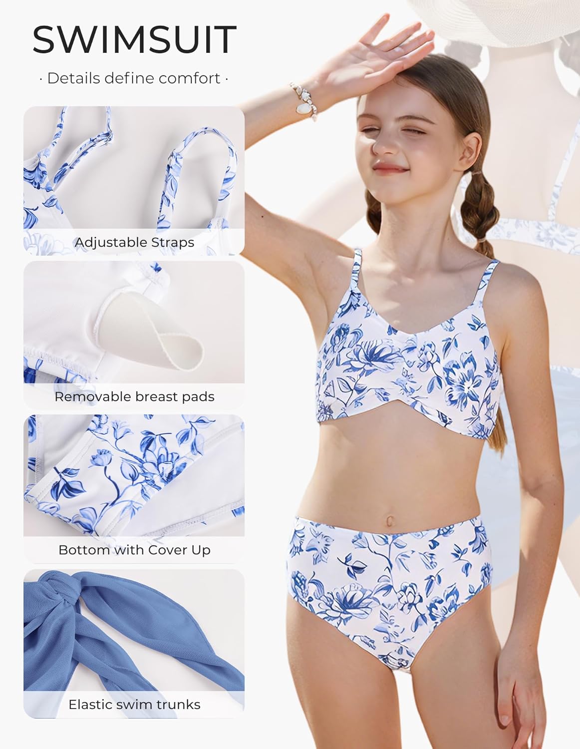 GRACE KARIN Girls Swimsuit Bikini Bathing Suit for Teens Ruched Tankini Beach Hawaii Swimwear with Cover Up Skirt 8-16Y - Image 5