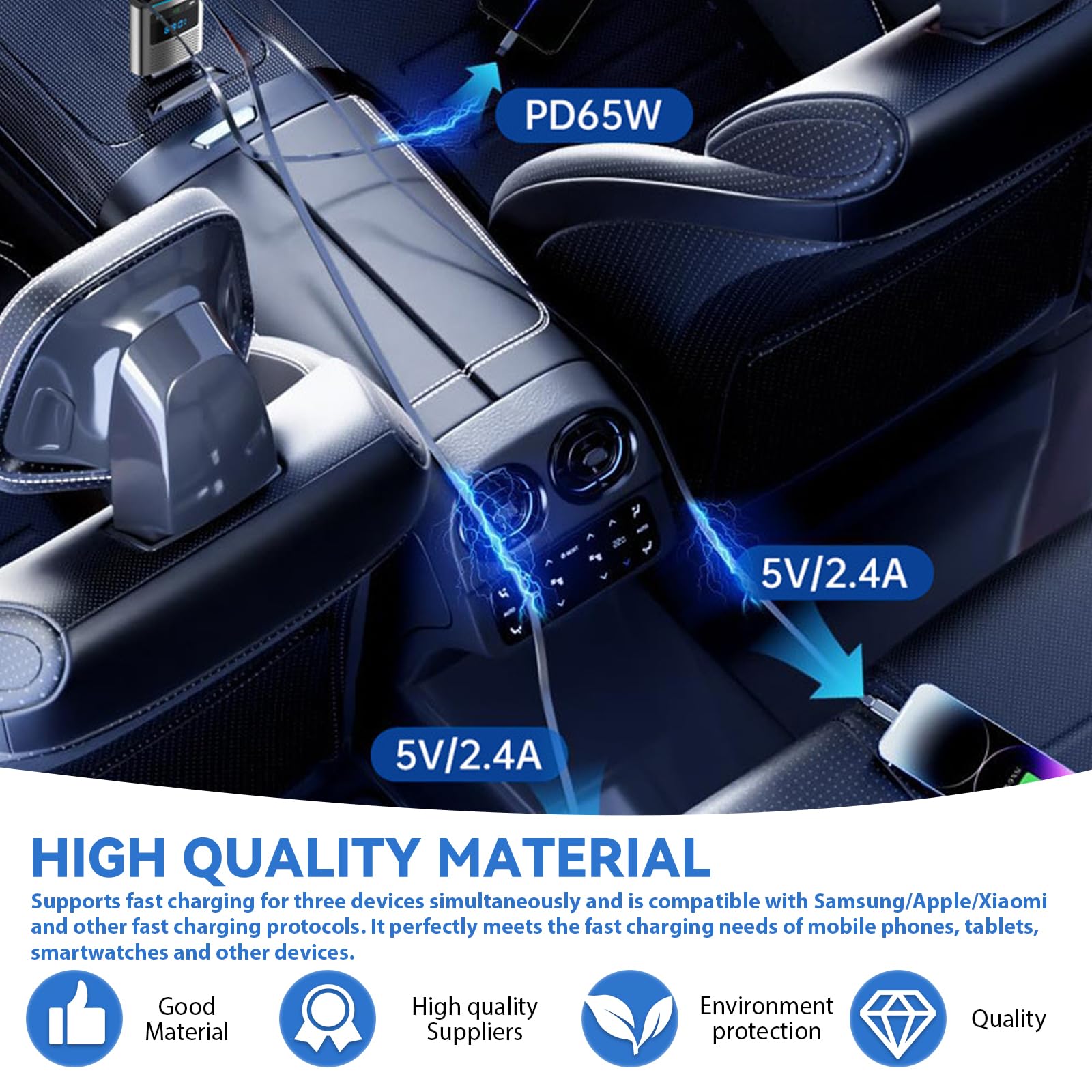 Adaptateur Bluetooth 5.3 80,5 W pour voiture, allume-cigare 3 en 1, émetteur USB & FM, avec câble rétractable de type C de 1 m, 24 V/12 V, adaptateur USB voiture avec kit mains libres pour iPhone