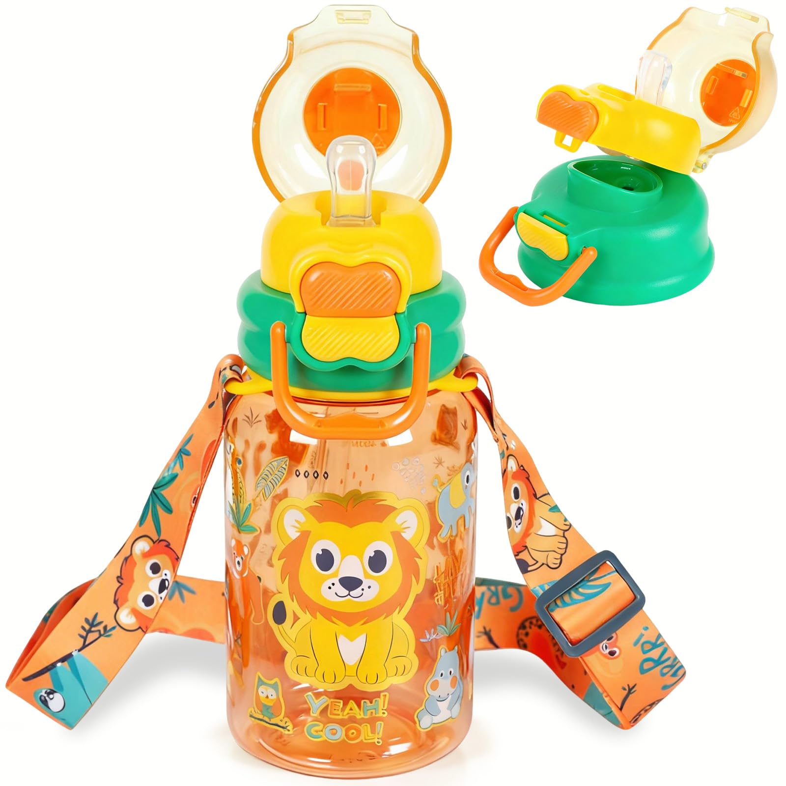 PinkSheep Kids Water Bottle with Lanyard, 600ml Double Drinking Spouts with Straw & Drinking Directly, BPA Free Leak-Proof Locking Flip Lid Bottle for Kids Girls Boys School Sport Travel (Lion)