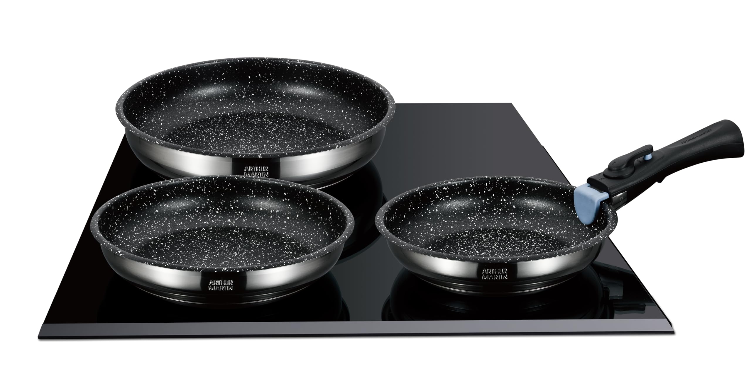 Arthur Martin AM9728 Set de 3 poêles avec revethement anti adhérent Acier Inoxydable Poignée amovible Tous feux dont induction