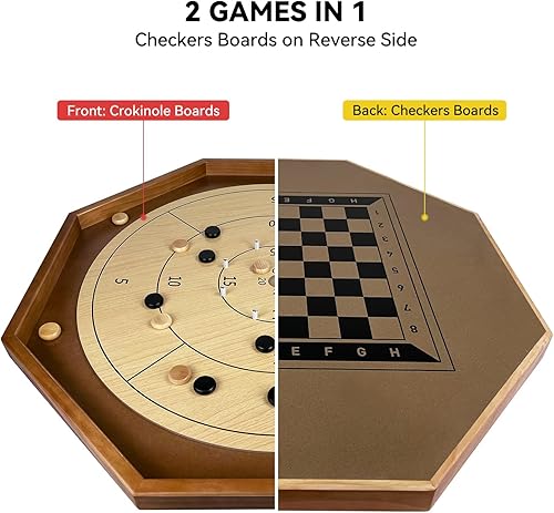 Miniatura 5 de Juego de mesa de crokinole de torneo de 30 pulgadas, crokinole 2 en 1 y damas con superficie de juego de 26 pulgadas, clavijas de metal, octágono de