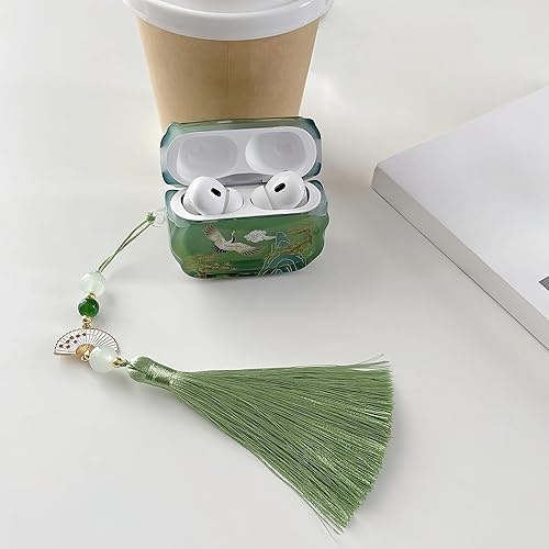 Miniatura 6 de Lucky Crane - Funda para AirPod Pro 2, funda verde de TPU suave protectora, a prueba de golpes, con llavero de borla de cuentas de abanico verde y