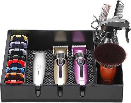 Barber Organizer Tray for Trimmers, Razors, Scissors, Combs & Brushes | Barber Clipper Organizer with Non-slip Mat, Multi-Compartments Barbershop Salon Countertop Tray for Hairdressing Tool