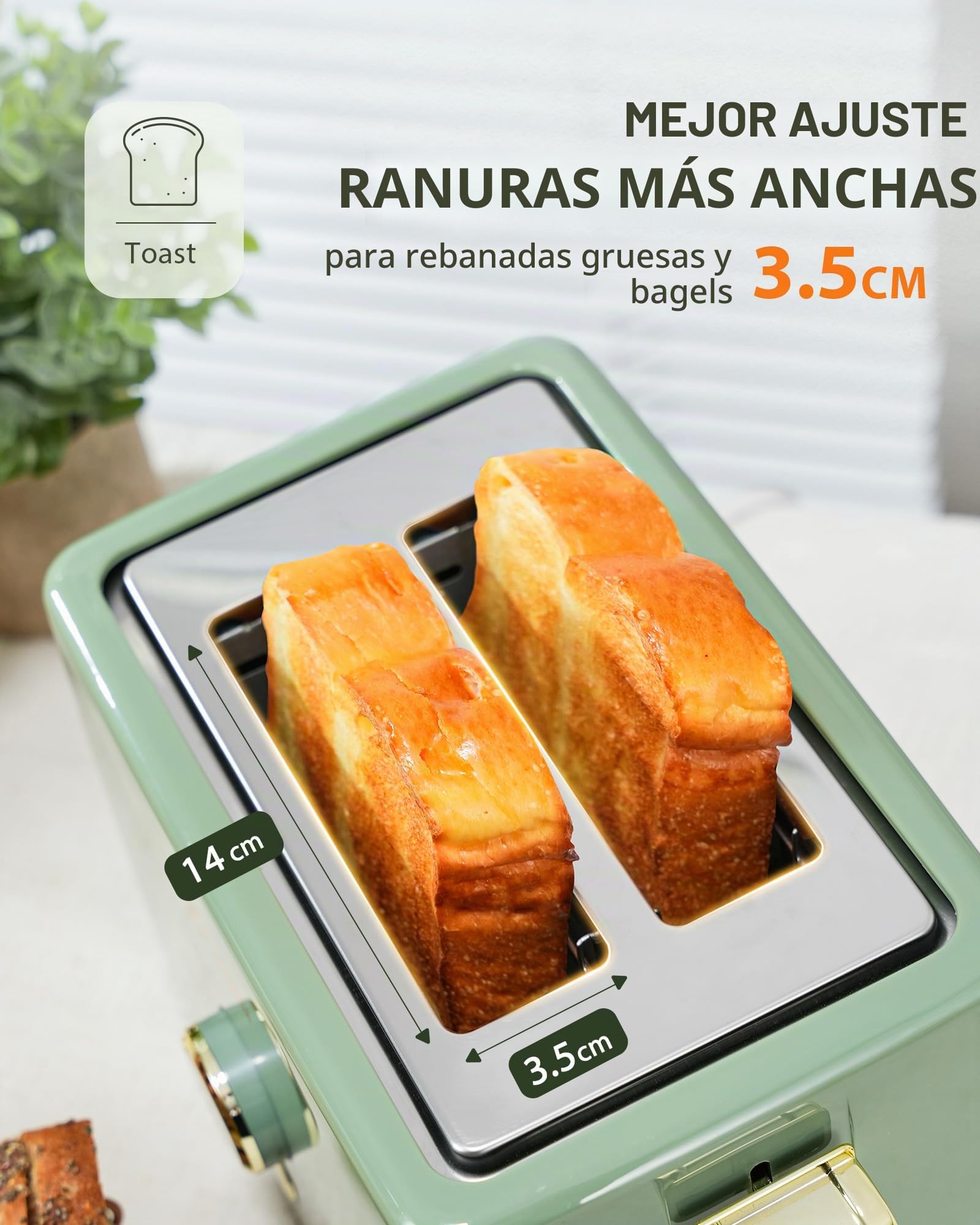 Tostadora Pan - 2 Rebanadas, 6 Niveles de Dorado, Ranura Ancha, Rejilla Calefactora, Verde