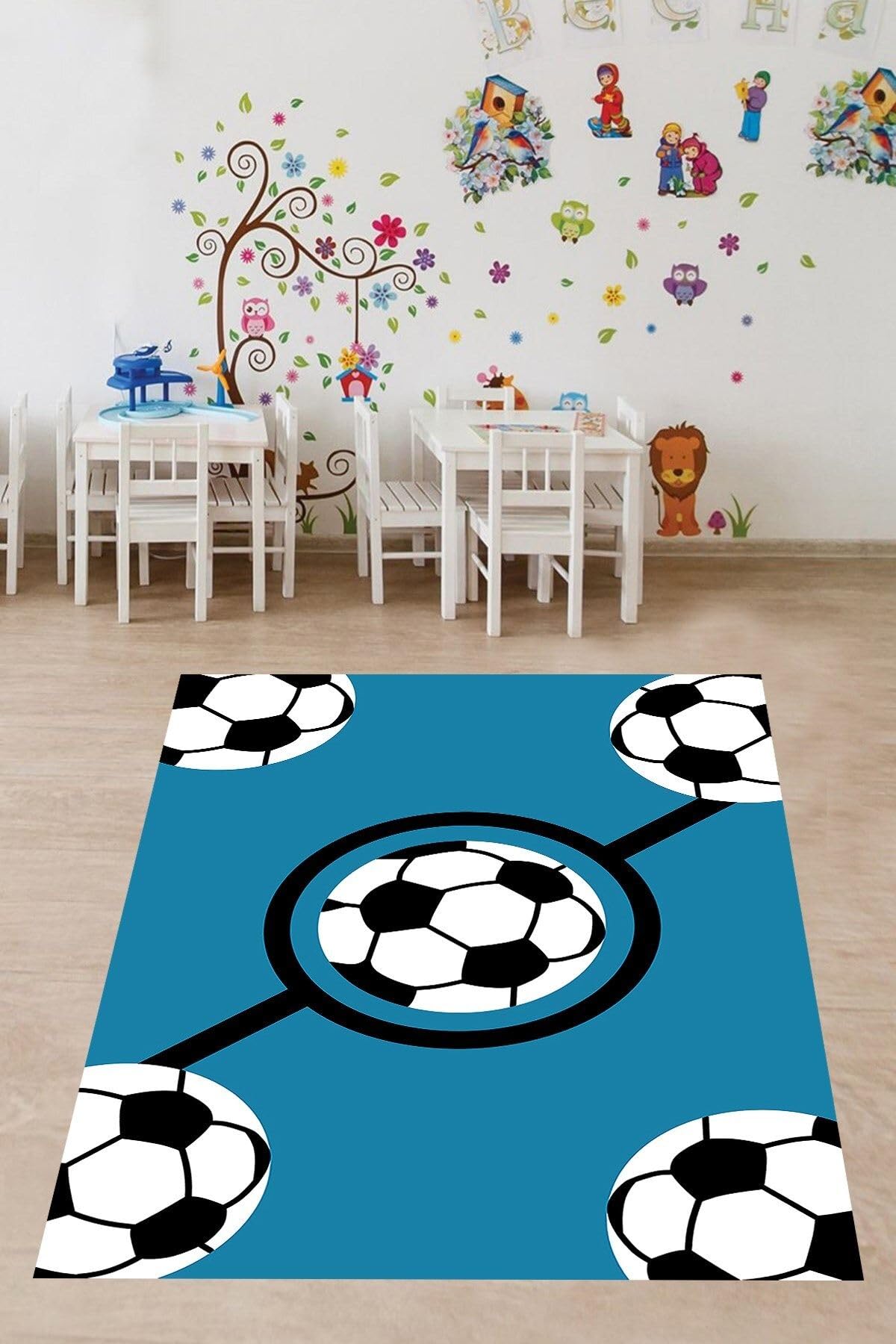 Pelangi Futbol Topu Desenli Mavi Yıkanabilir Kaymaz Taban Leke Tutmaz Çocuk Odası Halısı, Mavi-Siyah-Beyaz 80 x 250, 9038680032280250
