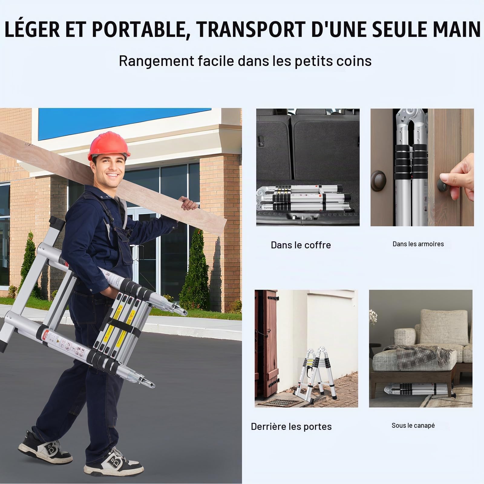 VEVOR Échelle Télescopique Aluminium, 3,8 m, Escabeau Extensible Capacité 170 kg, avec Barre Stabilisatrice, Échelle Polyvalente Pliable Rétraction Multi-Boutons, pour Réparation Maison Camping-Car