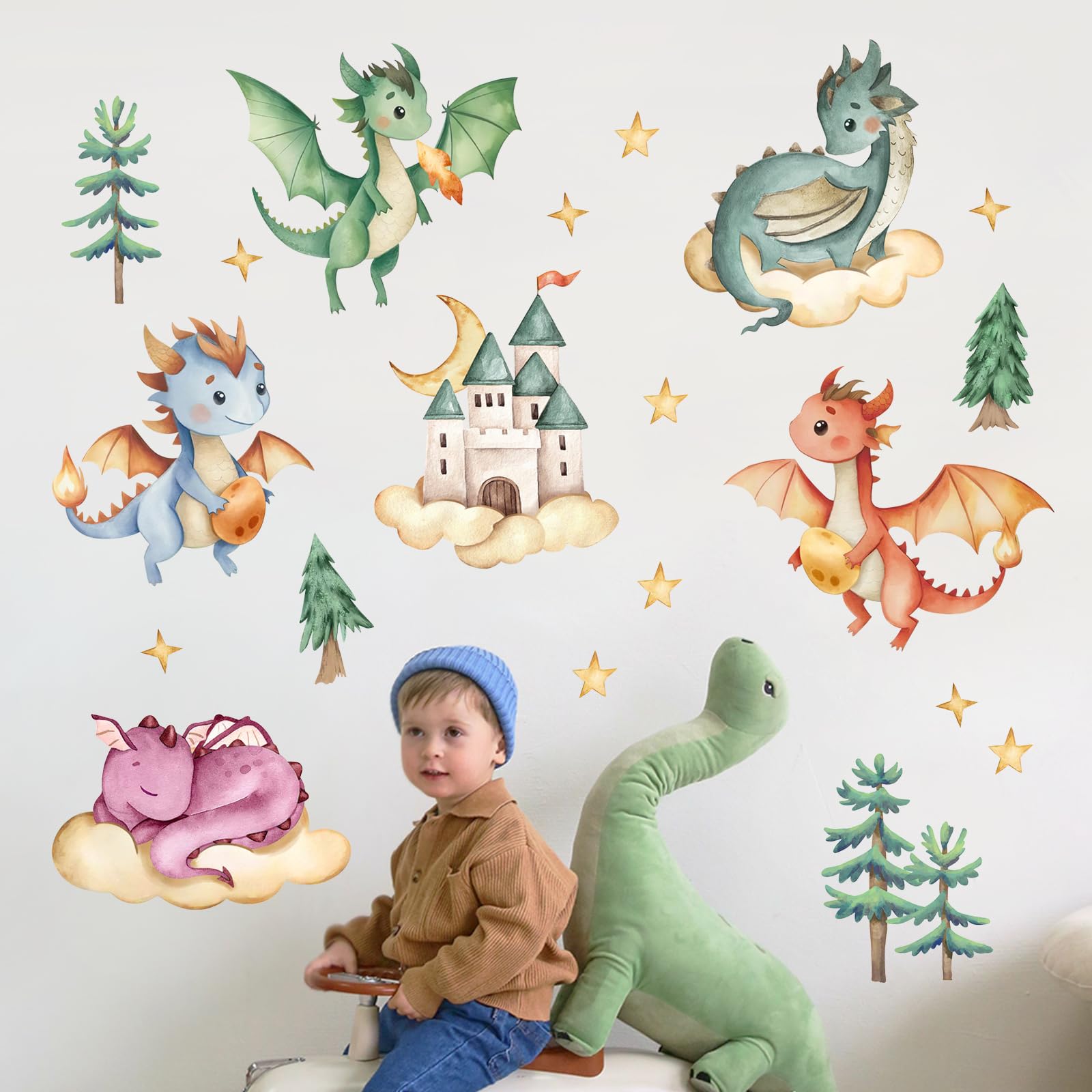 Yovkky Baby Dragon Naklejki Ścienne, Akwarela Zamek Sosna Chmura Księżyc Gwiazdy Neutralny Maluch Wystrój przedszkola, Smocze Jajka Dekoracje Domu Dzieci Dziewczyny Chłopcy Sypialnia Pokój Zabaw