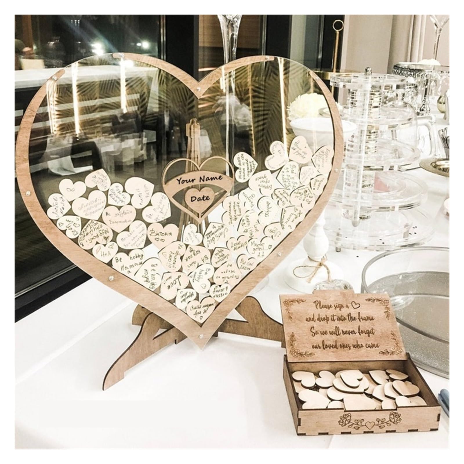 Erinnerungsbuch Gästebuch-Dropbox for Hochzeiten, Hochzeitsgästebuch, alternatives Dekor, Drop-Herz-Gästebuch aus Holz in Herzform, Gäste-Dropbox for Hochzeiten, süße Herz-Dropbox(Set 80pcs Heart)