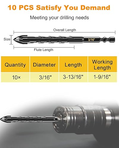 Miniatura 34 de Juego de brocas de mampostería y brocas de carburo, juego de brocas profesionales de extensión (11 unidades) para vidrio, ladrillo, plástico
