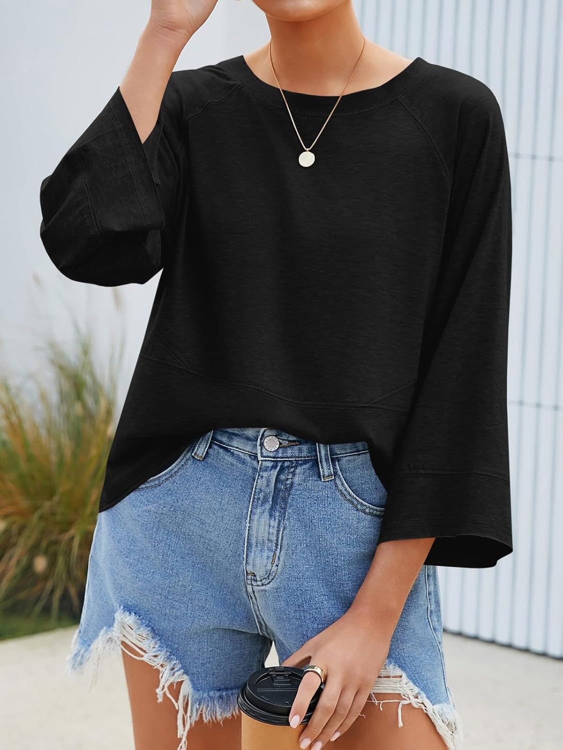 Tankaneo Womens 3/4 Batwing Sleeve Tops Casual Loose Fit Crewneck Shirts Fall Flowy Trendy Tees Blouse - Image 5