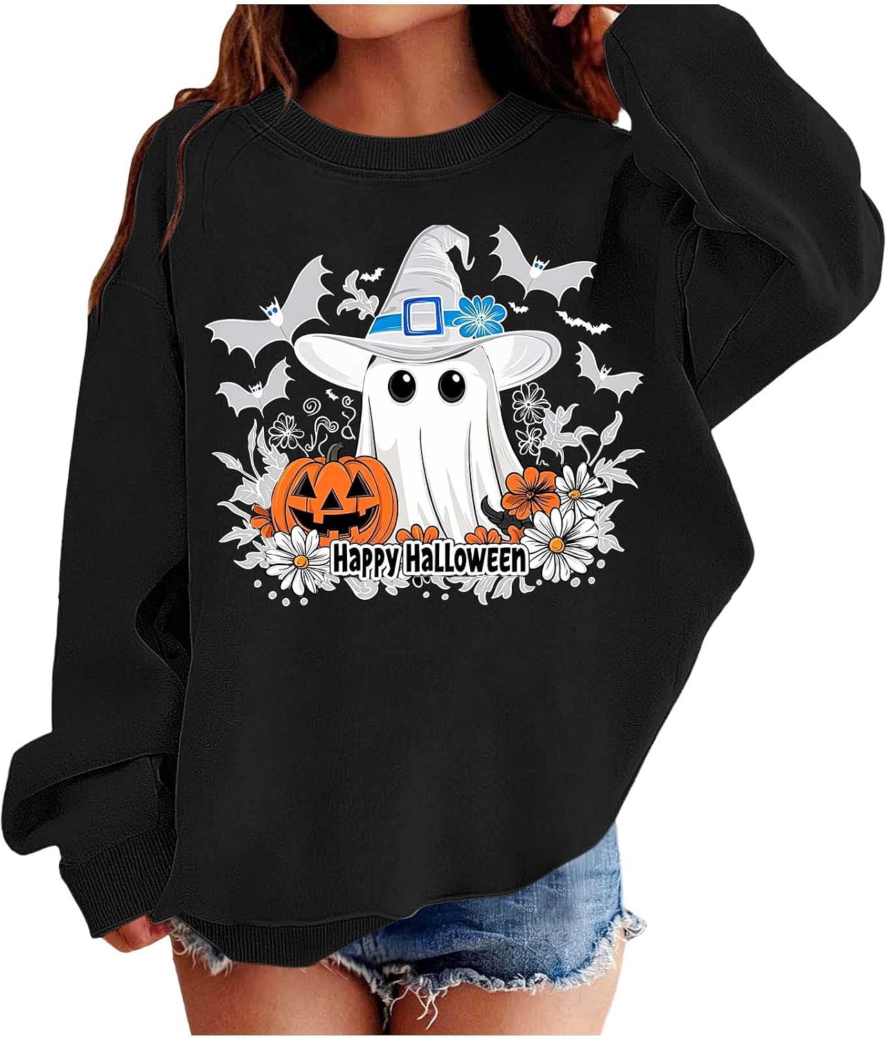 Cute Halloween Ghost Witch Hat Sweatshirt Girls Pullover Tops