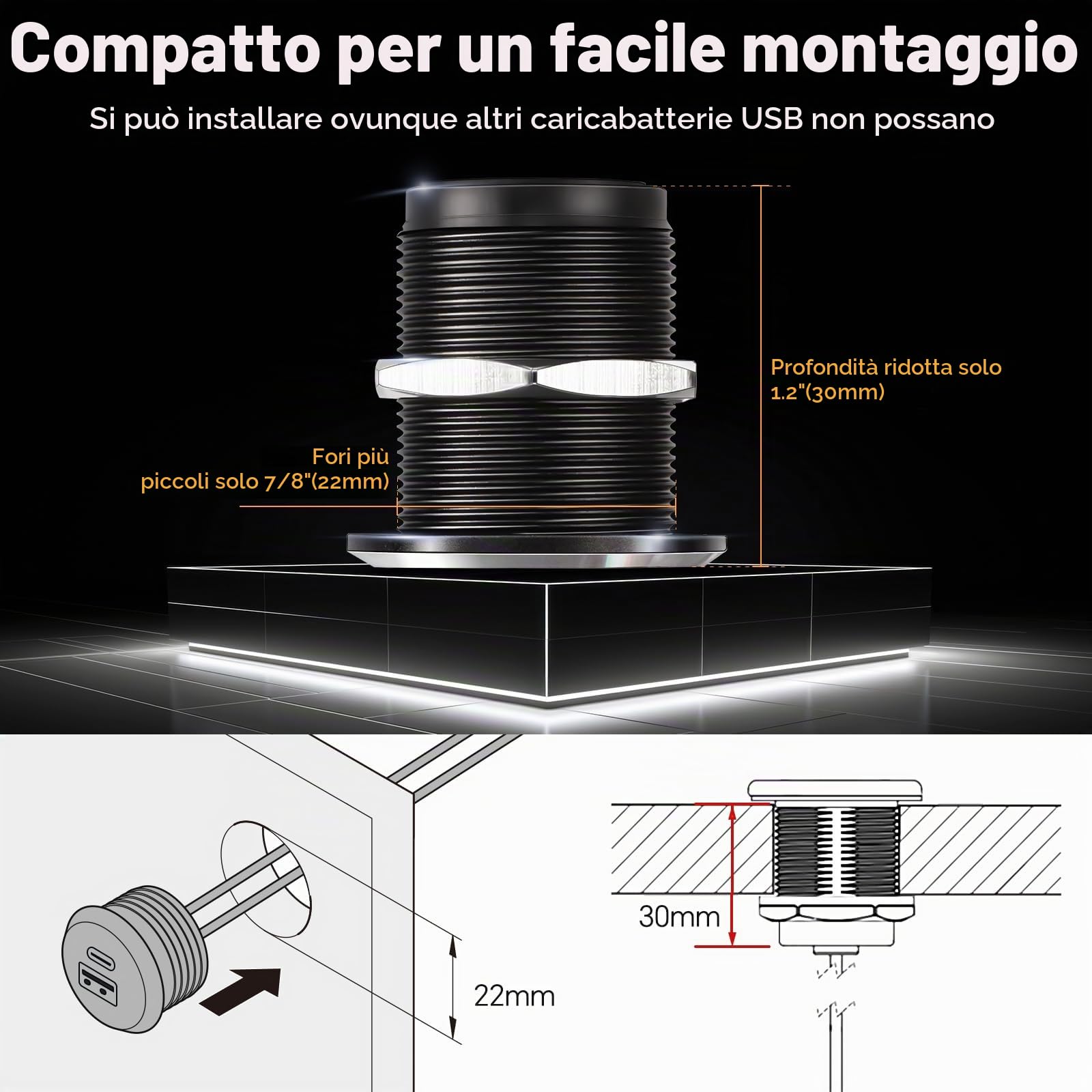 Presa USB 12V Camper, Alluminio 24W Dual Presa USB Tipo C PD 3.0 QC 3.0 USB Porta Caricatore per Roulotte Barca Camion Auto, Carica Rapida (Piccolo 2)