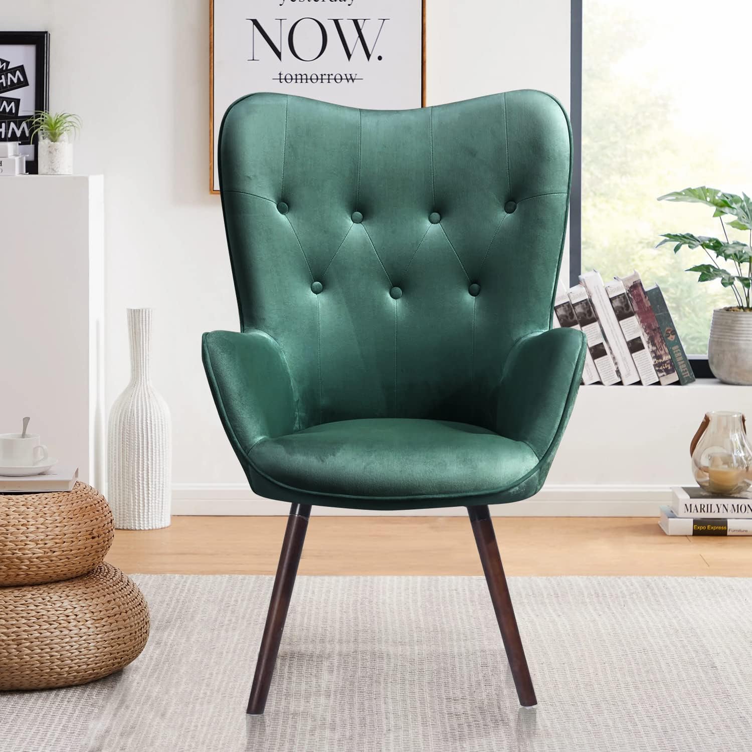 FurnitureR Velvet Accent Chair, Modern Wingback Tufted Vanity Armchair, Upholstered Tall Back with Arms Solid Wood Legs, Lounge Leisure Chair for Living Room Bedroom Waiting Room, Dark Green
