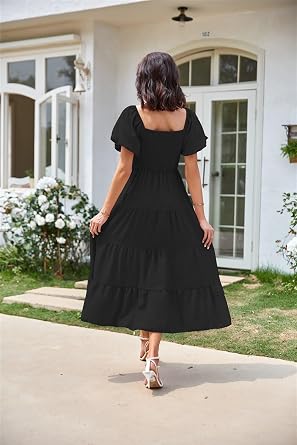 Women's Summer Boho Square Neck Ruffle Swing Beach Long Maxi Dress Puff Short Sleeve Tunic Flowy Casual Midi Dress