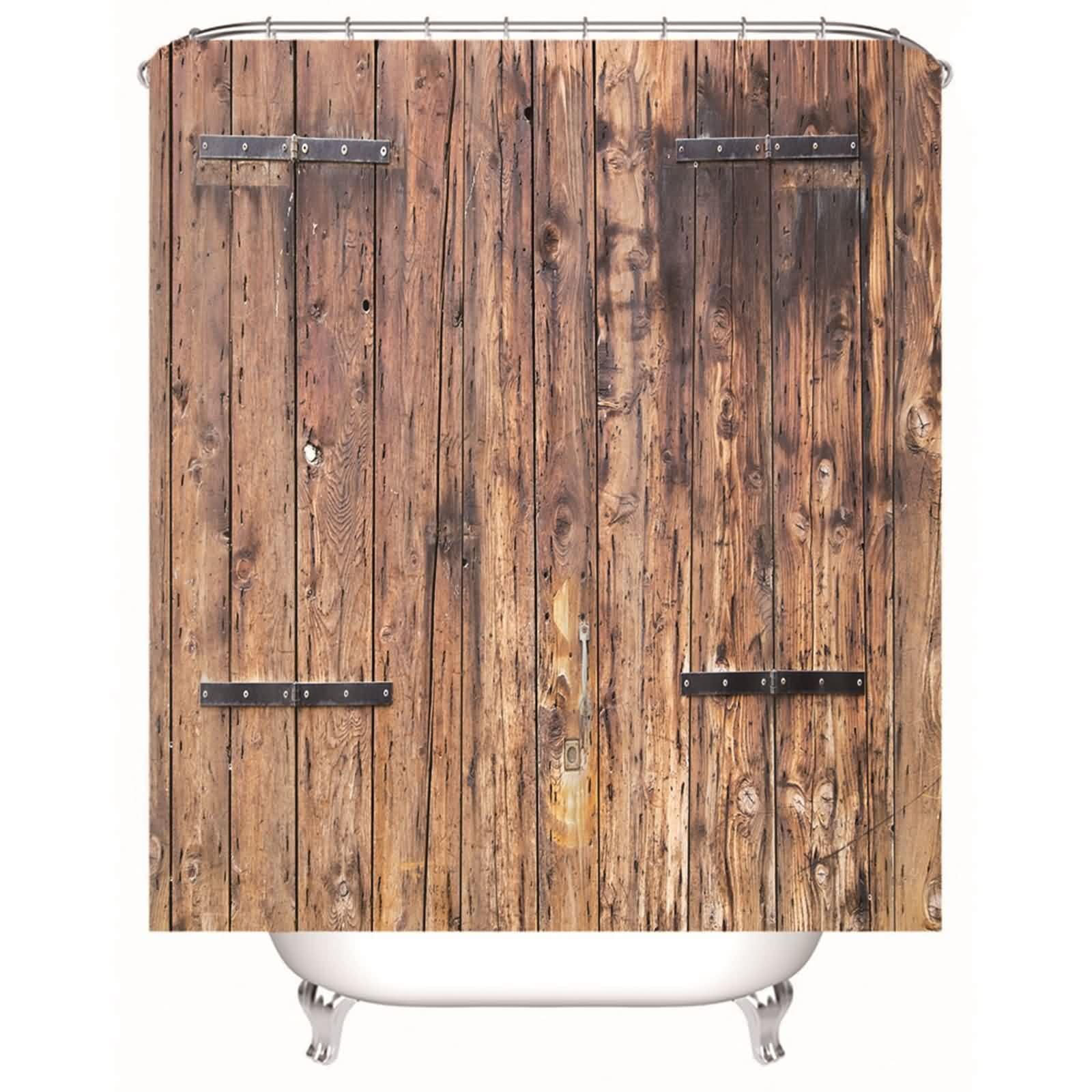 Rideau de salle de bain anti-moisissure en textile marron effet porte en bois