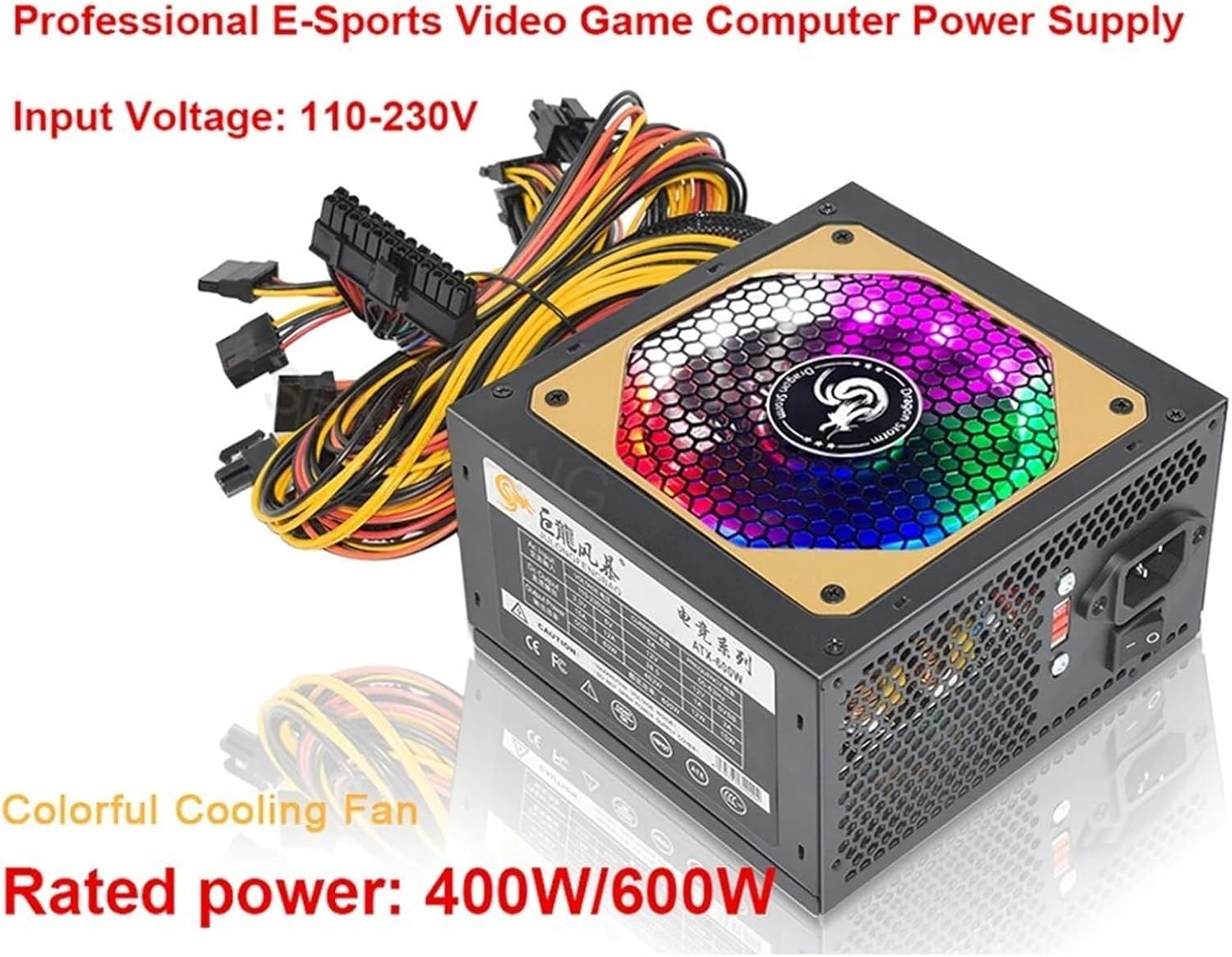 ATX 400W 600W 110-230V RGB 12V PC PSU 150 * 140 * 85MM Professional E-Sports Video Game Computer Power Supply(400W)