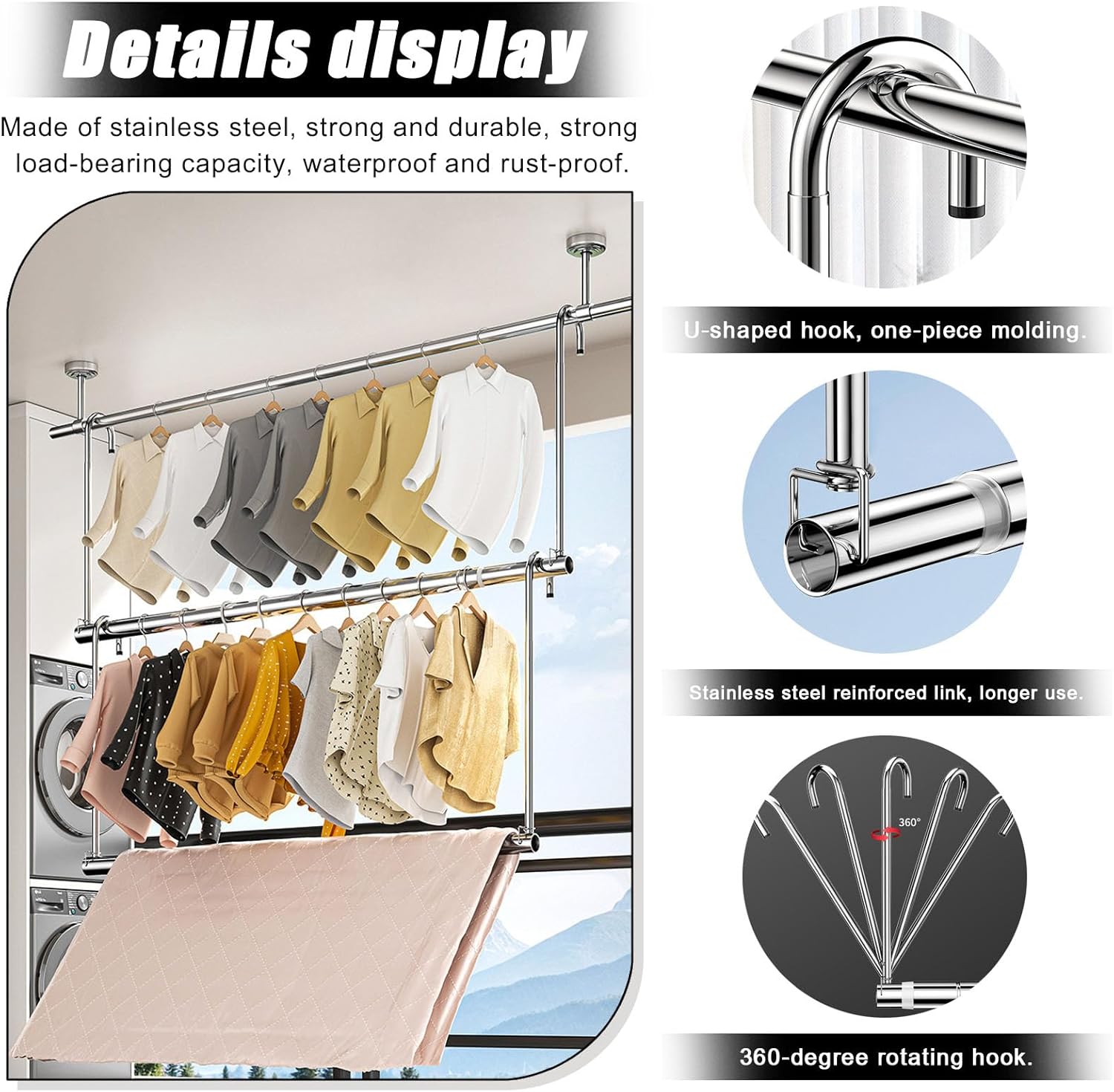 Foldable Clothes Drying Rack - Retractable Laundry Rack, Stackable for Indoor/Outdoor Use, Adjustable Length 31-55" for Balconies, Wardrobes, Drying Room