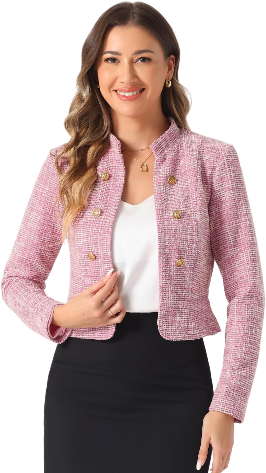 Vintage Tweed Jackets for Women's Stand Collar Business Open Front Cropped Blazer Jacket