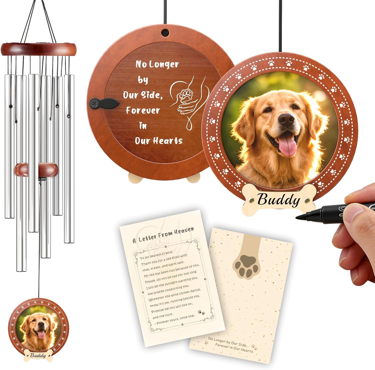 Dog Memorial Gifts for Loss of Dog, 32" Pet Memorial Wind Chimes with Photo Frame Pendant, Unique Pet Loss Sympathy Remembrance Gift (Silver)