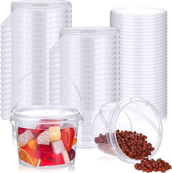 Mifoci 50 Pcs Food Clear Bucket Plastic Gallon Bucket Round Reusable Ice Cream Containers with Lids and Handles Airtight Clear Plastic Tub Freezer Reusable Pail for Popcorn Kitchen Drinks Home16oz